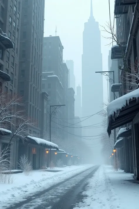 Snow falls on the deserted city