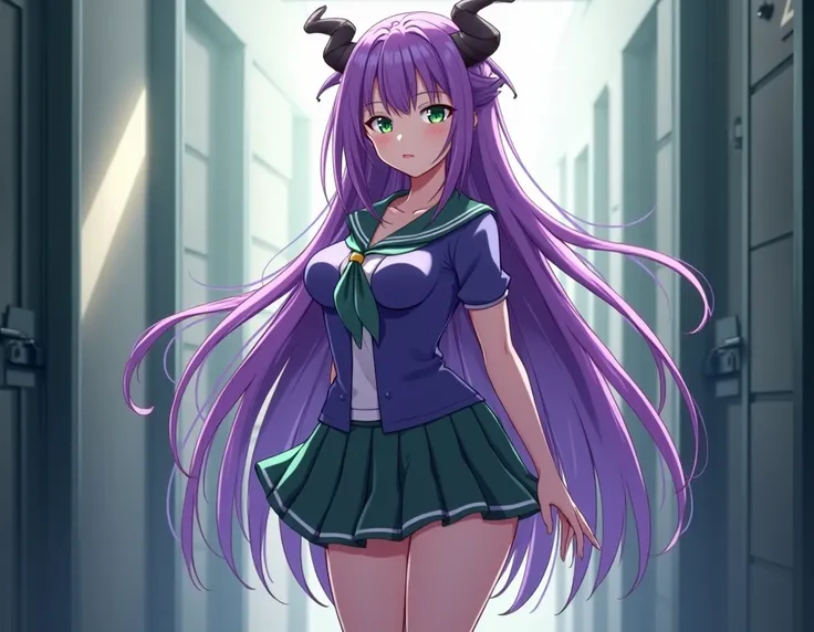  A tall girl with long purple hair with emerald eyes with a large face,  with a slender body and a big butt . She has 1, 90m and she designs in anime style to do it with school clothes by Isekai .  She persists to be very attractive because she is a succub...