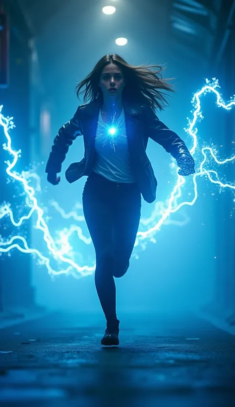 Gal Gadt as the screen Wander woman quickly runs towards the camera, a blue electric light comes out of her eyes, then her whole body is surrounded by electric light, she runs faster and faster, the scene flies back, the speaker fades. creating a space-tim...