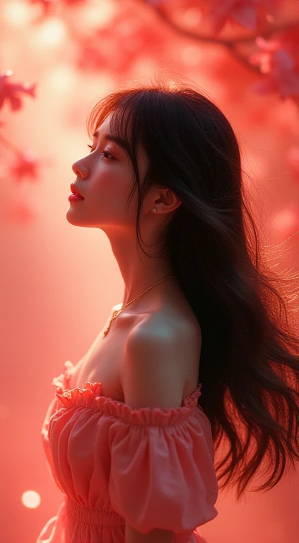  1 girl , alone, Long Hair,  high definition ,  best quality, green、profile、 look up 、 Beautiful Décolletage、fantastic pale red background、 Japanese