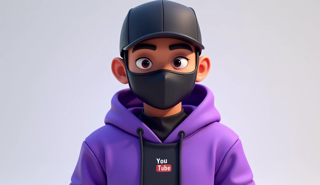 A full-body stylized animated character resembling a futuristic and trendy design. The character wears a black cap a sleek black mask covering the lower half of the face, and a vibrant purple hoodie. The character should have a slim, modern build with clea...