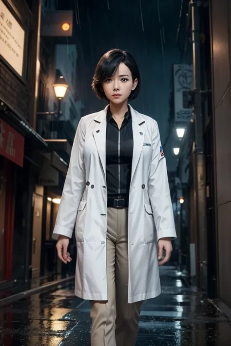  Walking in the Rain,science fiction,SFmovie,artillery,Long-range missiles,movie「Foundation」Based on ,woman,adult,main character,28 years old,Hopeful Face, Brown Eyes , short hairstyle ,Black and white hair,Scientist Uniform,White researcher&#39;s coat,Wid...