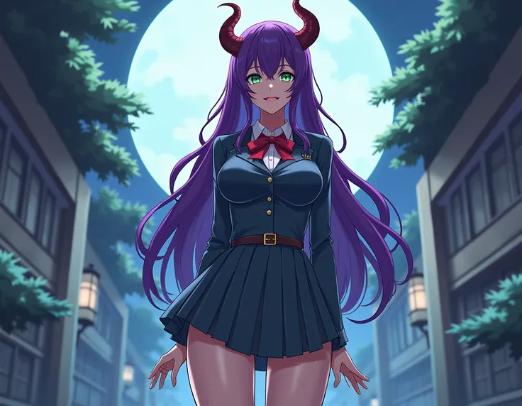  A tall girl with long purple hair with emerald eyes with a large face,  with a slender body and a big butt . She has 1, 90m and she designs in anime style to do it with school clothes by Isekai .  She persists to be very attractive because she is a succub...