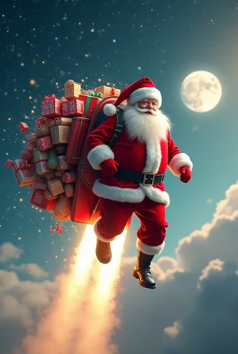 Santa flying through the sky wearing a bright red jetpack, with presents spilling from his sack.