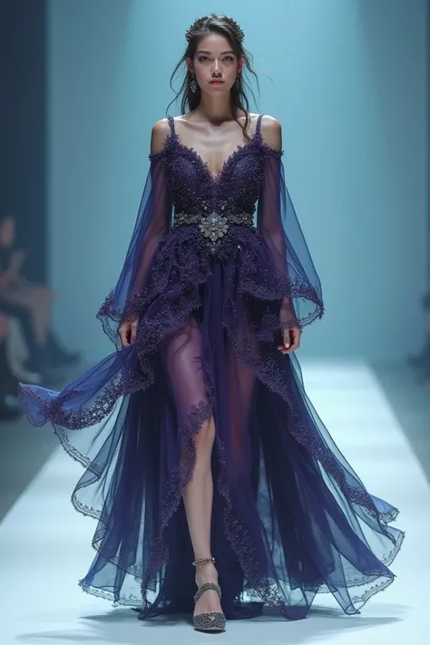 Full photo, full length, young female model, short robe, dark eggplant and milky color, layered dress made of silk and net, silk satin fabric, delicate stone decorations on the dress, galaxy-inspired decorations, the dress gives a galaxy feel, net on the e...