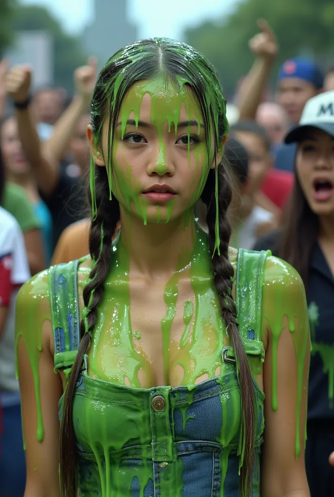 portrait photograph of asian woman covered in green slime. hyper-realistic style. 8k. photorealistic. glistening slime. green sl...