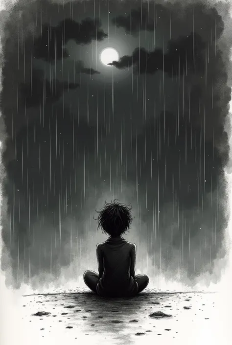  drawing for me a  sitting looking at the night sky and its raining, Let the drawing be like someone drawing it 