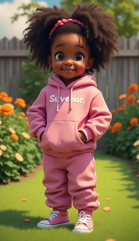  A hyper realistic oil-painted image of a smiling black baby , She is a chubby , standing dressed in a high fashion designer sweatshirt set , her hair is voluminous and with defined curls , A play on the head .  the background is a verdant backyard with fl...