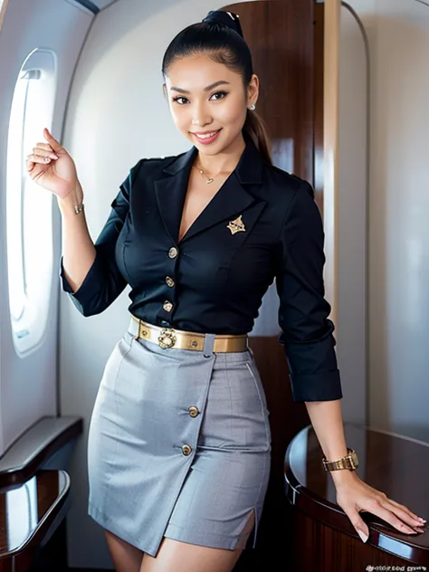 (thai-american women),(highponytail:1.3),(flight attendant uniform:1.5),(short skirt),
(slim waist:1.4),(smile:1.3),(cowboy shot...