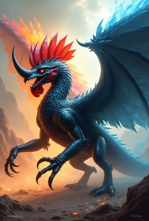 Rooster mixed with a rhinoceros beetle with fire and ice dragon with giant claws with wings