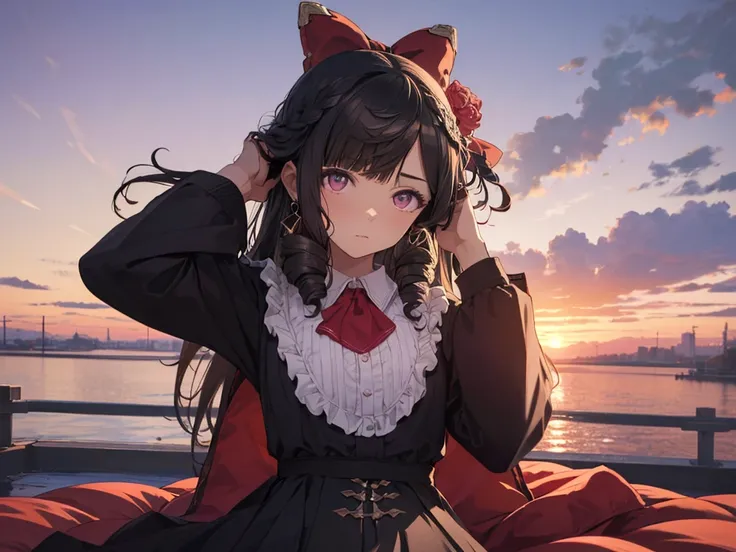 Solo, 1 girl, (human ears, earrings), (young face, figure, flat chest), (black hair, vertical rolls, long hair, hair tied in a big red ribbon, flower in bangs), (yandere expression), (((laying face on air mattress, hands on head, looking at camera))), (bla...