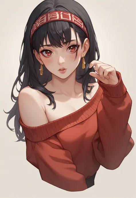 yor forger, and, 1 girl, alone, blush, black hair, red eyes, red sweater, headband, jewelry, earrings, sweater, looking at viewe...