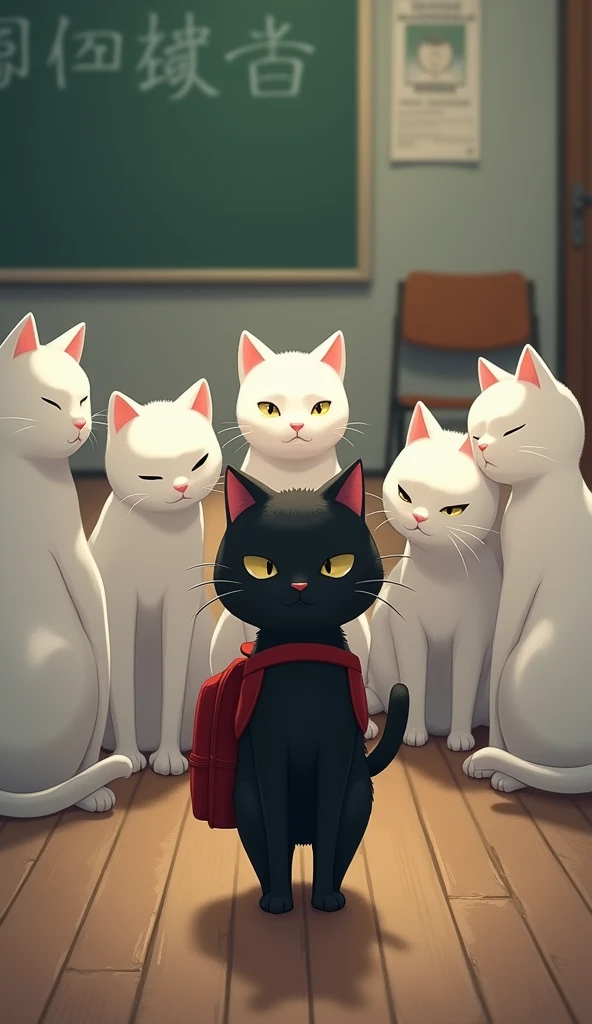 The small black cat stands awkwardly near a classroom, still wearing its red school bag. Surrounding it, a few white cats laugh and point, whispering to one another. The black cat looks confused and hurt, its ears drooping slightly.