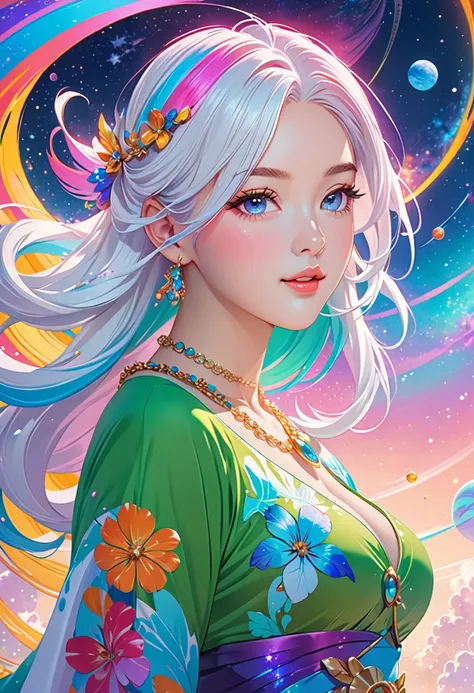 Close-up of a woman with rich and colorful hair and necklace,  Anime girl with space hair ,  Rossdrawss soft cheerfulness ,  Hooves style artwork, Fantastic art style , rich and colorful], Bright fantasy style, Rossdraws cartoons are vivid , universe and r...