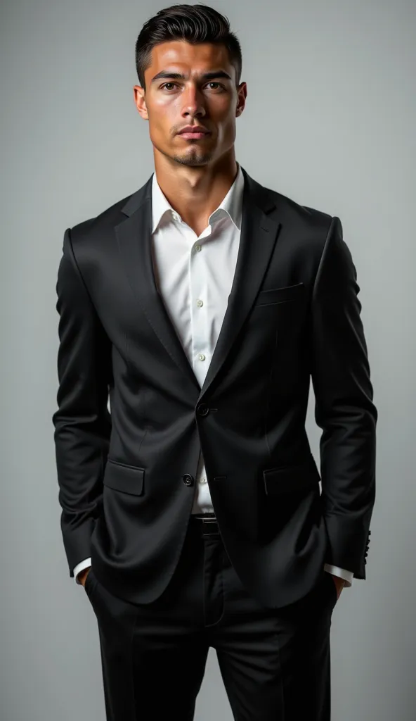 ronaldo in a sleek black suit, standing upright, looking directly into the camera with a neutral or confident expression. well-l...