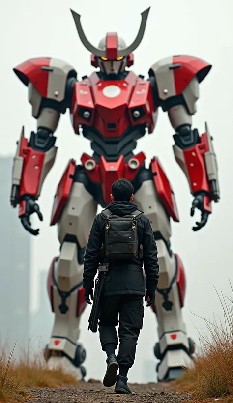 A Japanese soldier walking forward, determined, with a colossal robot companion behind him. The robot is styled with metallic colors of red and white, representing the Japanese flag, and features samurai-inspired details and advanced technology. High resol...