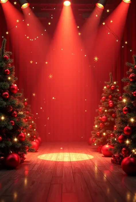 Un background lumineux rouge avec dégradé noir et or, avec des projecteur de stage, des sapins de Noël des ballons de Noël, des etoiles de Noël, des etoiles filantes, des effets de lumiere, 