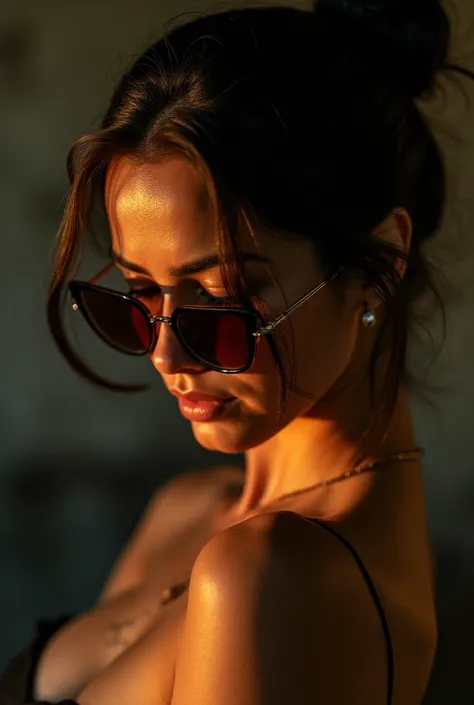 Drop dead gorgeous Latina girl, hair to a bun, looking downwards, morning light atmosphere, sunglasses, highly detailed, cinematic composition, dark moody atmosphere, dramatic shadows and highlights, perfect hands, adorable, side view 