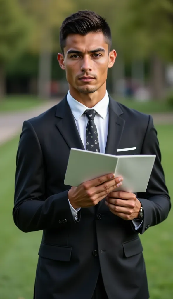 ronaldo in a suit, small head, extremely detailed skin, reading at the park, blurred background.