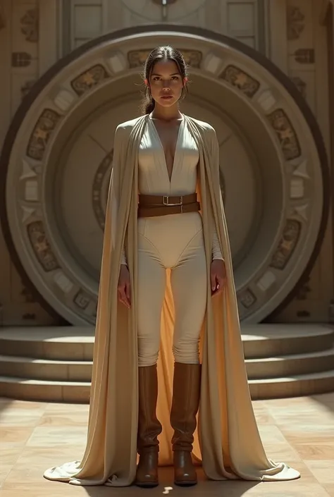 Sexy, Star Wars, Natalie Portman, White Bodysuit, beige boots, beige cloak, detailed, Photorealistic, high resolution, 8k, photorealistic, hyper detailed, intricate details, dramatic lighting, cinematic composition, The Council on Coruscant