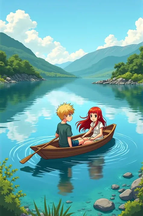 A manga comic with a blond boy and a girl with red hair on a boat on Lake Varano