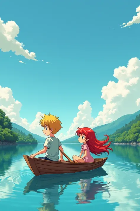 A manga comic with a blond boy and a girl with red hair on a boat on Lake Varano