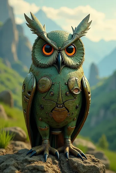 A rusty olive green Steampunk owl with a legend of Zelda game background and that you can see some programming codes on the owl and everything is elegant