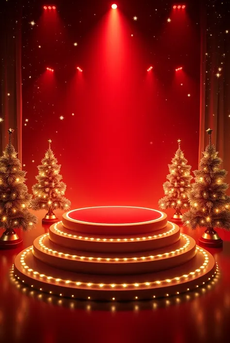 Un background lumineux rouge avec dégradé noir et or, avec des projecteur de stage en rond sur le background, des sapins de Noël, des etoiles filantes, des projecteur de festival