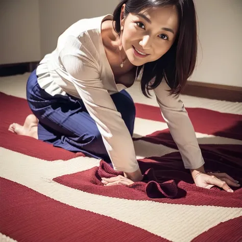 60-year-old Japanese woman posing on all fours on the bed、Seductive Gaze、((( maxi skirt )))　break　Tight plain white t-shirt 、 elegant hairstyle 、((masterpiece,  high definition , Higher quality ,  Better Details  )), ((smile)), Non-NSFW、Shooting from the f...