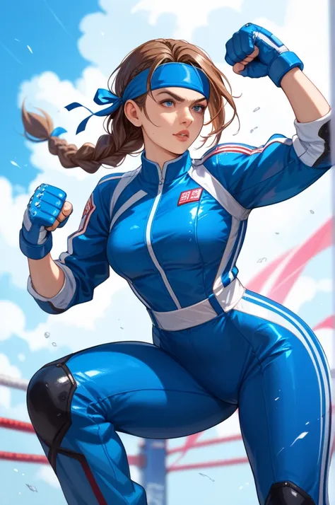 Female Fighter、 anatomically correct、 single braid、blue、Headband、 arm cover、Brown Hair、((blue fighting suit ))、gloves