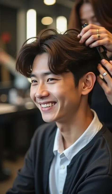 a 26-year-old Korean boy ,  with brown hair and defined physique , In the barbershop cutting his hair .  The image must be taken from a lateral angle ,  showing him smiling while the hairdresser works .  He is dressed casually ,  but elegant , and the barb...