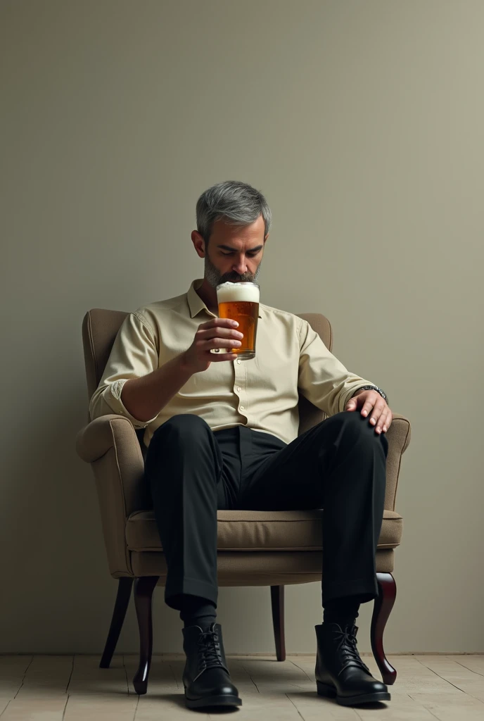 Tall thin man with gray hair short beard wearing black dress pants and light shirt and short black dress boot sitting on a chair drinking beer 