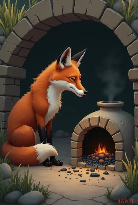 A mother fox crying in front of an open-door clay oven and inside it there is charcoal dust