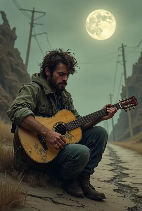 create the image of a young man in his thirties, a wanderer, with a hand outstretched as if asking for help, on the side of a post-apocalyptic road, playing his old guitar, with the moon in the background