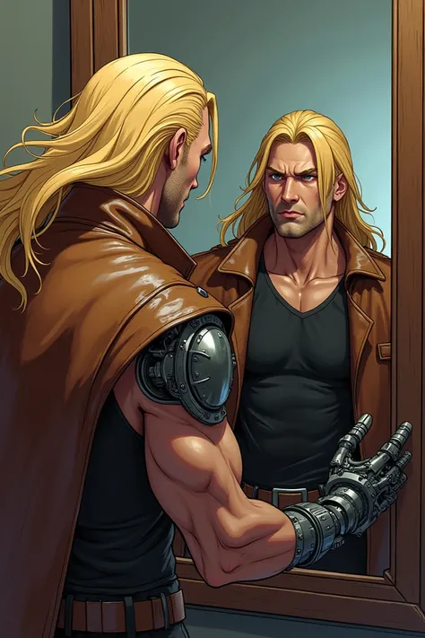 man, strong long blond hair ,  robotic hands wearing a brown leather coat ,  clutching its collar in front of a mirror .  High-quality anime art like comic.