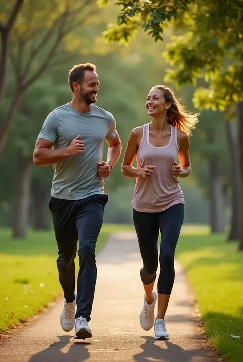 A man and a woman with a healthy body are walking fast, exercising in the park, a happy evening together.