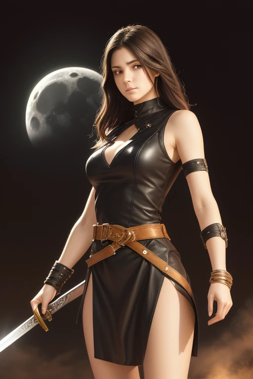 A young woman with dark brown hair gathered in a careless bundle, standing against a huge moon. She has an expressive face with a determined look directed slightly away from the viewer. Her skin has an olive tint.The woman is wearing a dress or tunic of da...