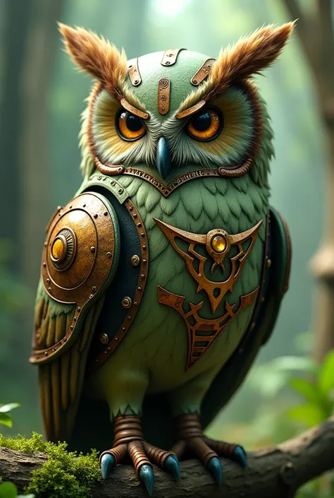 A rusty olive green Steampunk owl with a Legend of Zelda game background in the forest and that you can see some angular programming codes on the owl and everything is elegant and the owl doesnt look like a robot