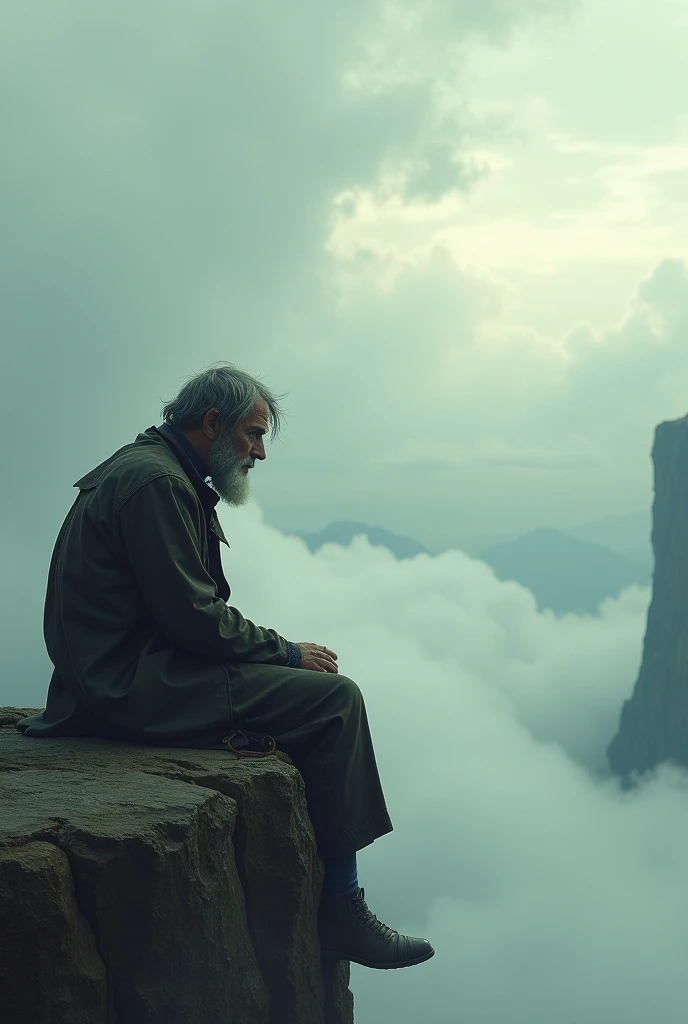 A guy sitting at the edge of the world looking down on clouds follow with describe his sad story