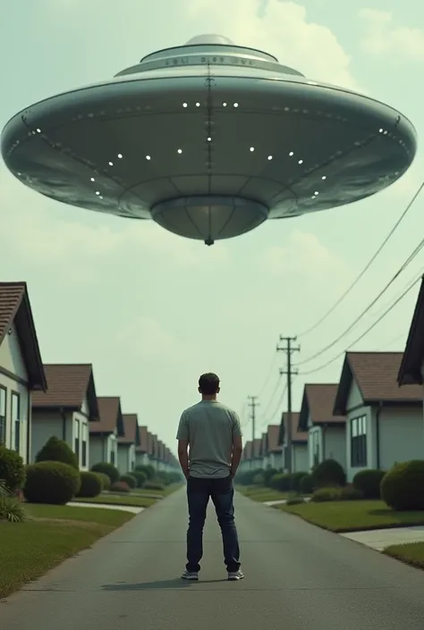 man standing idly by to a flying saucer hovering over his house.