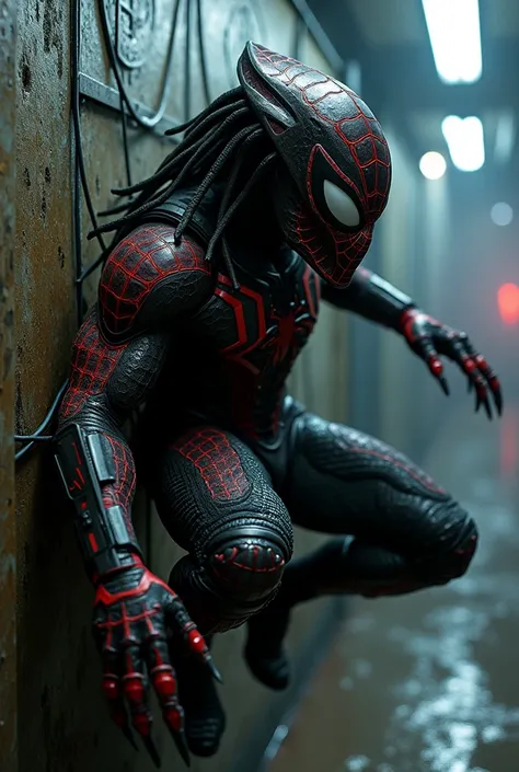  Design a hyperrealistic scene in live-action style that shows a fusion between Spider-Man and Predator .  The creature has an athletic and muscular body ,  with a fused suit that combines the design of the classic Spider-Man with the brutality of the Pred...