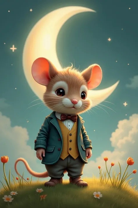 Mouse wearing clothes next to a moon 