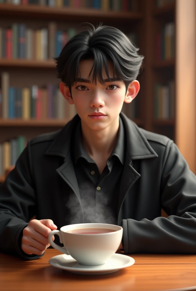 18 year old beautiful boy wearing a black jacket and boy seat on chair hands to table on tea on cup room library boy face on front 3d realistic 