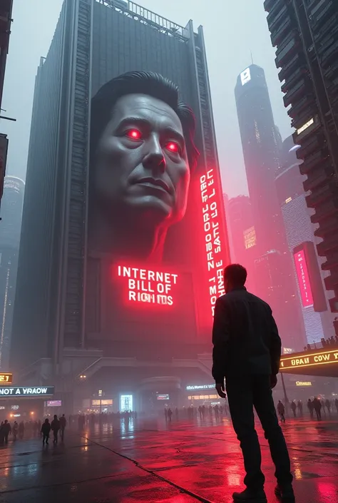 Elon Musk standing in Alpha City looking at a Huge wall of a building with a Humanoid Male with Elons face in the wall with words in red neon that reads Internet Bill of Rights 