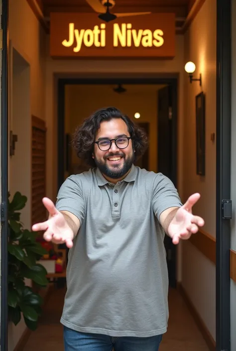 Chubby young guy with medium length curly hair wearing round glasses, has beard, promoting his home stay titled “Jyoti nivas”