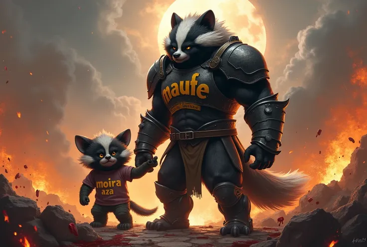 A skunk, sur son armure de combat est inscrit « Maufe » sur le torse. Il tient par la main un tout petit troll avec un t-shirt où il est écrit « Moira ».  The war is taking place around them , Fire and blood . In the sky shines the name “AZA”
