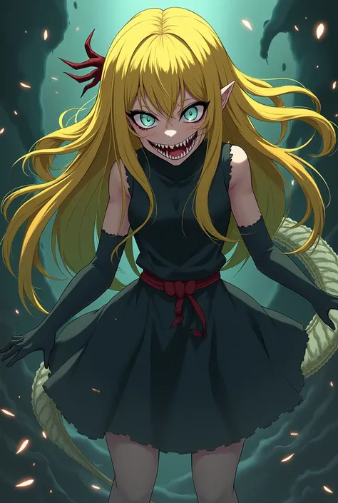 Monstrous anime girl with huge teeth and sharp eyes, yellow hair, and  with a long tail jujutsu kaisens art style