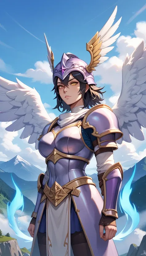 girl, black hair, purple helmet with white wings, purple armor, golden eyes, 4k, on a mountain, cloudy sky, gray clouds, blue aura on the woman, Spirit, Valkyrie, Looking at the Viewer,