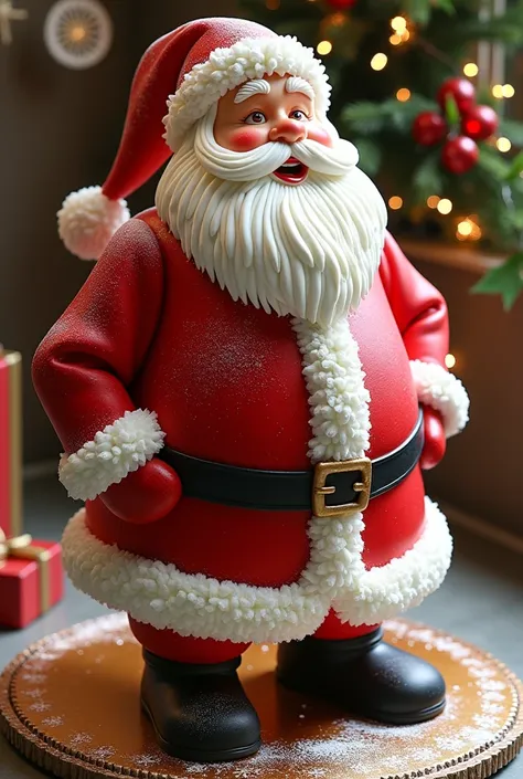 A detailed, life-sized cake shaped like Santa Claus, complete with frosting and decorations.