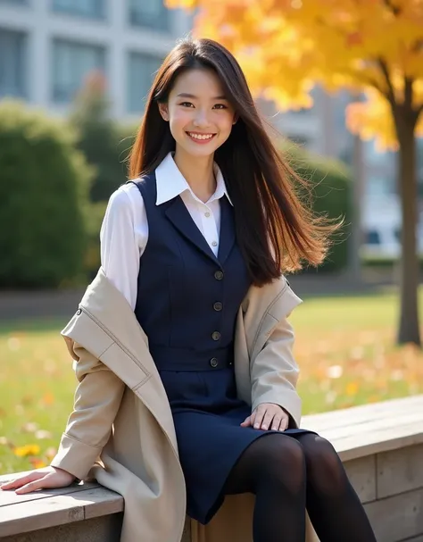 Beautiful Japanese woman with long, flowing dark brown hair, wearing a navy blue tailored vest and skirt, paired with a white blouse and a beige trench coat. She is sitting on a wooden bench, styled with black tights for a polished look. The background fea...